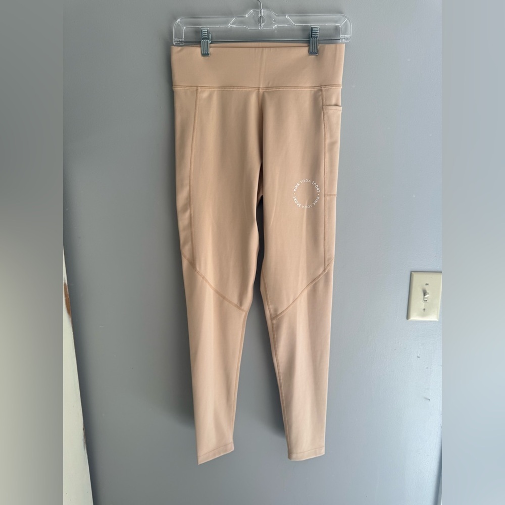 Pink Soda Sport Contour Tight Yoga Athletic Leggings Womens SZ S Beige Pockets